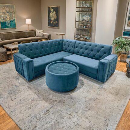 Round Table Blue Sofa